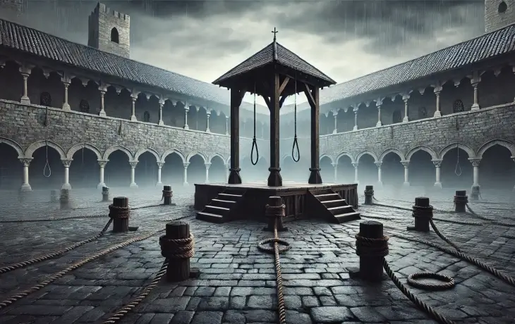 Orta çağda bir kalenin avlusuna kurulmuş yağmurlu darağacı ve kazık düzenekleri tasviri.